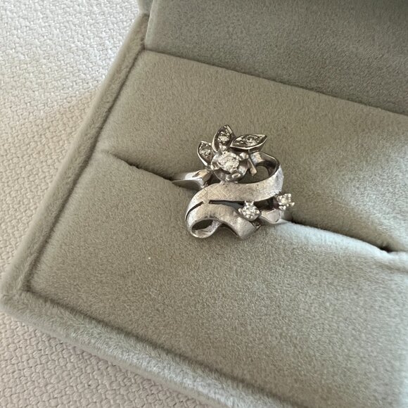 Antique Art Deco 14k White Gold Diamond Cocktail Ring Vintage Size 6 - Picture 3 of 7